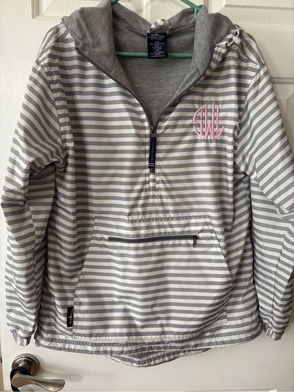 Charles River Apparel Gray & White Striped Hooded Pullover with Pink Monogram